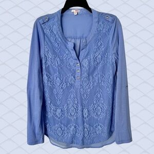 Blue Lace Front Top Size Large Sheer Chiffon Back Button Tab Sleeve Cornflower